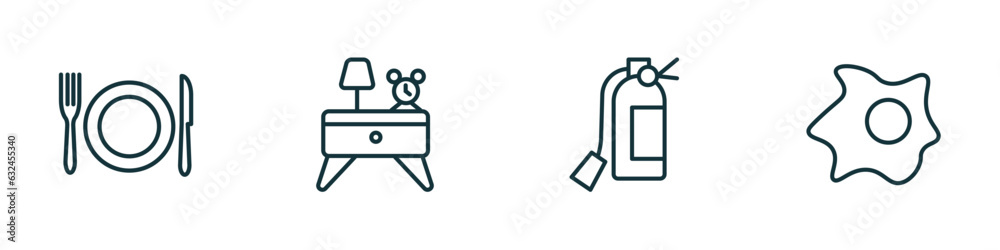 set of 4 linear icons from hotel and restaurant concept. outline icons included meal, nightstand, fire extinguisher, fried egg vector set of 4 linear icons from hotel and restaurant concept. outline icons included meal, nightstand, fire extinguisher, fried egg vector