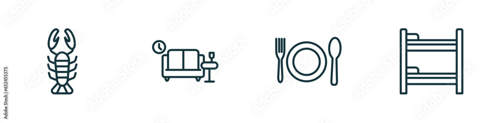 set of 4 linear icons from hotel concept. outline icons included lobster, lounge, food, bunk bed vector set of 4 linear icons from hotel concept. outline icons included lobster, lounge, food, bunk bed vector