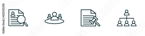 set of 4 linear icons from human resources concept. outline icons included curriculum vitae, human resources, grievance, company structure vector