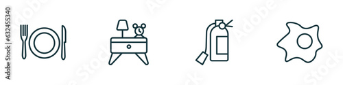 set of 4 linear icons from hotel and restaurant concept. outline icons included meal, nightstand, fire extinguisher, fried egg vector