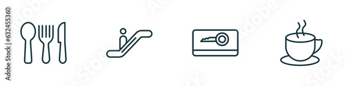 set of 4 linear icons from hotel and restaurant concept. outline icons included eating utensils  or  key card  coffee vector