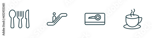 set of 4 linear icons from hotel and restaurant concept. outline icons included eating utensils, or, key card, coffee vector
