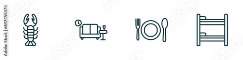 set of 4 linear icons from hotel concept. outline icons included lobster, lounge, food, bunk bed vector