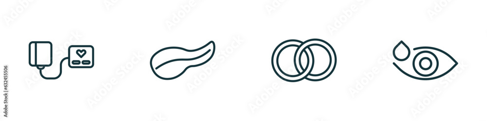 set of 4 linear icons from medical concept. outline icons included blood pressure gauge, pancreas, rings, eye drops vector set of 4 linear icons from medical concept. outline icons included blood pressure gauge, pancreas, rings, eye drops vector