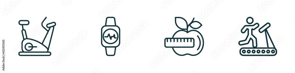 set of 4 linear icons from gym and fitness concept. outline icons included exercise bike, fitness watch, fitness nutrition, running treadmill vector set of 4 linear icons from gym and fitness concept. outline icons included exercise bike, fitness watch, fitness nutrition, running treadmill vector