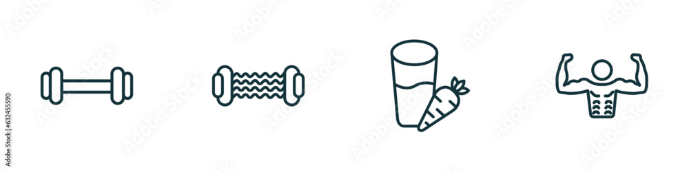 set of 4 linear icons from gym and fitness concept. outline icons included exercising dumbbell, resistance, vegetables juice, bodybuilder vector set of 4 linear icons from gym and fitness concept. outline icons included exercising dumbbell, resistance, vegetables juice, bodybuilder vector
