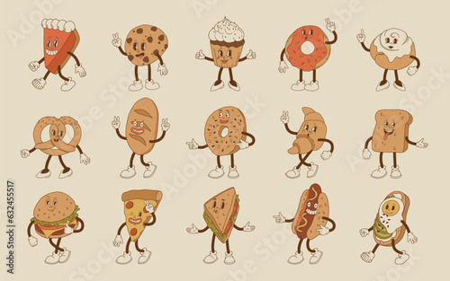 Vector cartoon retro mascot of bread, pastry, burger, sandwich. Vintage style 70s, 60s, 50s character. Groovy art for bakery and restaurants