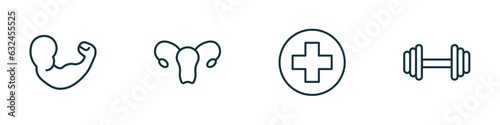 set of 4 linear icons from health and medical concept. outline icons included arm, gynecology, medical, exercise vector