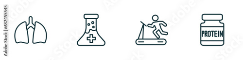 set of 4 linear icons from health and medical concept. outline icons included lung, medical substance, treadmill, proteins vector