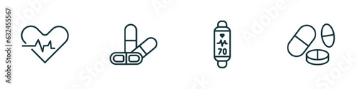set of 4 linear icons from gym and fitness concept. outline icons included fitness heart, press simulator, fitness tracker, pill and tablet vector