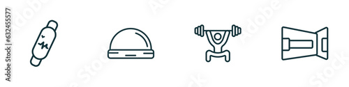 set of 4 linear icons from gym and fitness concept. outline icons included fitness bracelet, bosu ball, lifting barbell, lumbar belt vector