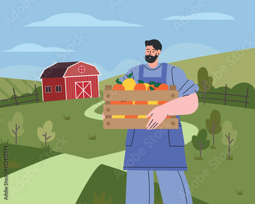 Farmer on farm flat vector illustration. Agricultural worker harvesting crops. Apple harvesting. worker holds a fruit crate. Countryside, farmland, agriculture concept.