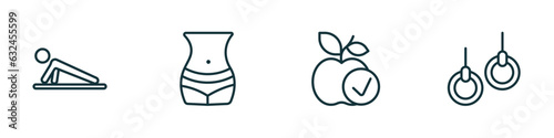 set of 4 linear icons from gym and fitness concept. outline icons included push up, fitness body, good diet, gymnastic rings vector