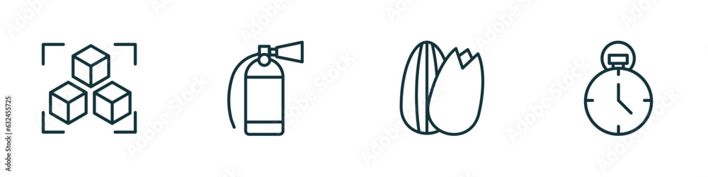 set of 4 linear icons from general concept. outline icons included model preparation, fire estinguisher, nuts, analog stopwatch vector set of 4 linear icons from general concept. outline icons included model preparation, fire estinguisher, nuts, analog stopwatch vector