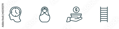 set of 4 linear icons from general concept. outline icons included patience, matryoshka, poor, stepladder vector