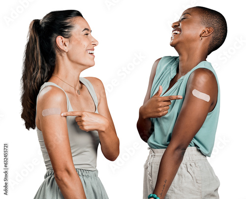 Billede på lærred Covid vaccinated, funny or women with a smile, arm plaster or safety isolated on a transparent background