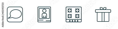 set of 4 linear icons from general concept. outline icons included message app, yearbook, hob, gift box with ribbon vector