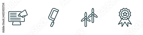 set of 4 linear icons from general concept. outline icons included social campaign, fretsaw, renewable energy label, win vector