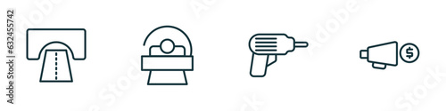 set of 4 linear icons from general concept. outline icons included road tunnel, solarium, perforator, marketing budget vector
