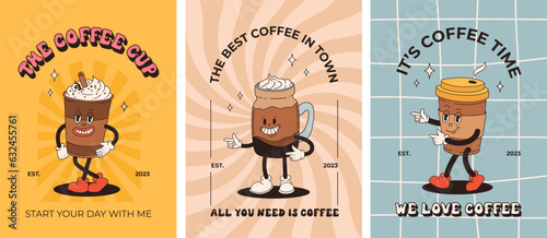 Retro poster with coffee mascot, cartoon characters, funny colorful doodle style characters, cappuccino, cocoa, latte, espresso, matcha, bobba. Vector groovy characters on colorful background