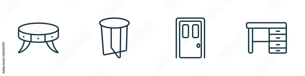 set of 4 linear icons from furniture & household concept. outline icons included coffee table, side table, door, desk vector set of 4 linear icons from furniture & household concept. outline icons included coffee table, side table, door, desk vector
