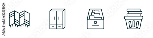 set of 4 linear icons from furniture & household concept. outline icons included room divider, cupboard, drawers, laundry hamper vector