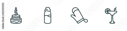 set of 4 linear icons from food concept. outline icons included five birthday cake, milky, cooking mitts, cocktail on a glass vector