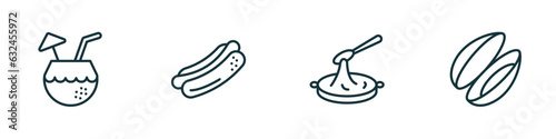 set of 4 linear icons from food concept. outline icons included drink in a coconut, hot dog with mustard, black sesame soup, mussel vector
