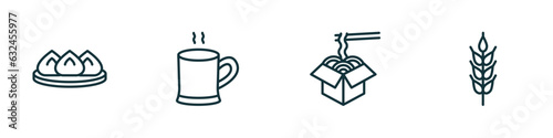 set of 4 linear icons from food concept. outline icons included wonton, warm black mug, chinese food box, ear of wheat vector