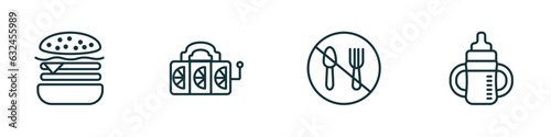 set of 4 linear icons from food concept. outline icons included hamburguer, slot, no eating, sippy cup vector