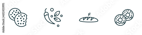 set of 4 linear icons from food concept. outline icons included biscuits, spices, french bread, donuts vector