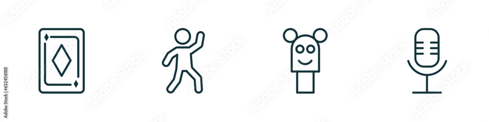 set of 4 linear icons from arcade concept. outline icons included ace of diamonds, dance, puppet show, voice acting vector set of 4 linear icons from arcade concept. outline icons included ace of diamonds, dance, puppet show, voice acting vector
