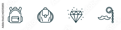 set of 4 linear icons from fashion concept. outline icons included book bag, shoulder bag, diamond precious stone, monocle vector