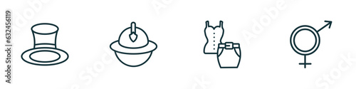 set of 4 linear icons from fashion concept. outline icons included cylinder hat, firefighter hat, outfit, unisex vector