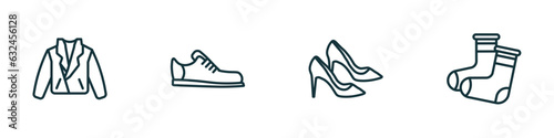 set of 4 linear icons from fashion concept. outline icons included leather jacket, footwear, heel, warm sock vector