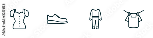 set of 4 linear icons from fashion concept. outline icons included blouse with buttons, one shoe, working coverall, drying vector