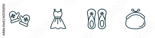 set of 4 linear icons from fashion concept. outline icons included pair of mittens, women drees, pair sandals, purses vector