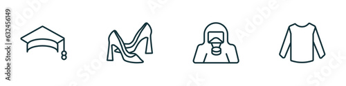 set of 4 linear icons from fashion concept. outline icons included college graduation cap, high heel shoes, hazmat, long sleeves vector