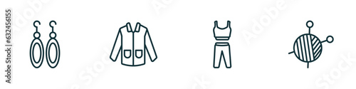 set of 4 linear icons from fashion concept. outline icons included accesory, coat with pockets, gym clothes, skein vector