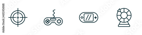 set of 4 linear icons from arcade concept. outline icons included shooter, game, video console, lottery game vector
