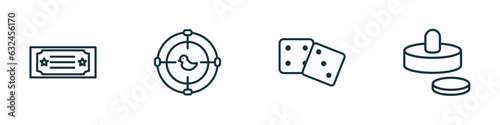 set of 4 linear icons from arcade concept. outline icons included gold ticket, shoot duck, board games, air hockey vector