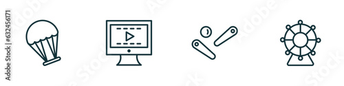 set of 4 linear icons from entertainment concept. outline icons included paraplane, video editing, pinball, spinning wheel vector