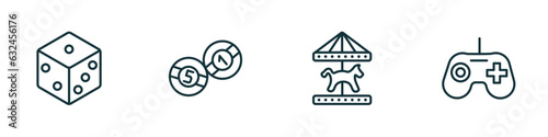 set of 4 linear icons from arcade concept. outline icons included dice, billiards, carousel horse, joystick vector