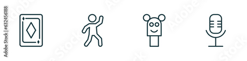set of 4 linear icons from arcade concept. outline icons included ace of diamonds, dance, puppet show, voice acting vector