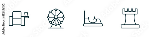 set of 4 linear icons from arcade concept. outline icons included cinema seat, ferris wheel, bumper car, chess piece vector