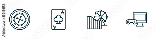 set of 4 linear icons from arcade concept. outline icons included roulette, ace of clubs, amusement park, pc game vector