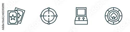 set of 4 linear icons from arcade concept. outline icons included magic cards, shooting game, game hine, poker chip vector