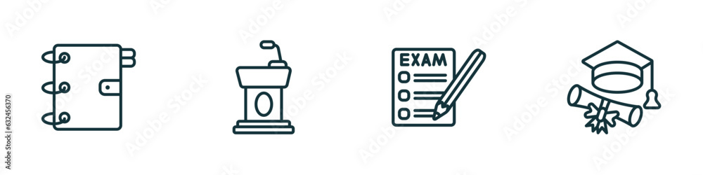 set of 4 linear icons from education concept. outline icons included school agenda, cell phone, exams, college graduation vector