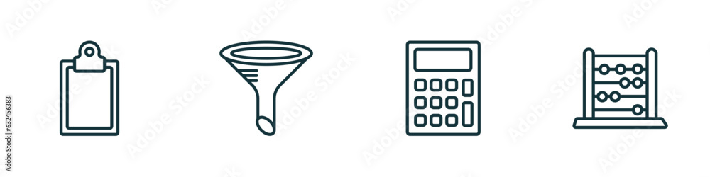 set of 4 linear icons from education concept. outline icons included blank clipboard, chemistry funnel, school calculator, abcus vector set of 4 linear icons from education concept. outline icons included blank clipboard, chemistry funnel, school calculator, abcus vector