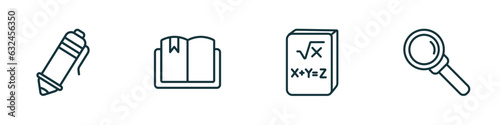set of 4 linear icons from education concept. outline icons included ballpoint pen, book with bookmark, math book, magnification lens vector